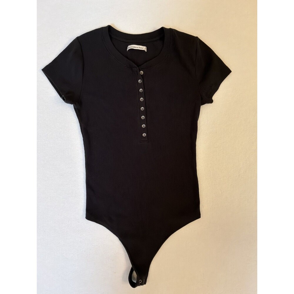 Abercrombie & Fitch Bodysuit Womens Ribbed V Neck Button Black Short Sleeve M